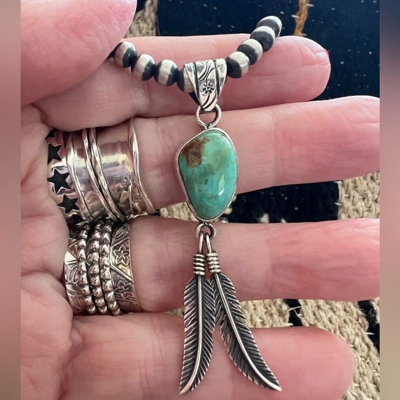 Kingman Turquoise Jewelry - ❤️ Kingman Turquoise Navajo Southwestern Feather Sterling Pendant 5.6gm 2.34”L